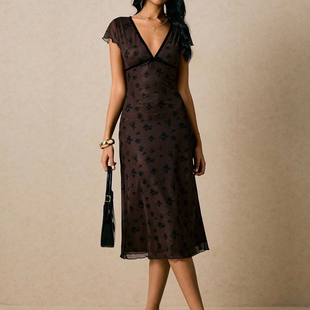 Brown Elegant Women's Floral Print Mesh Midi Dress